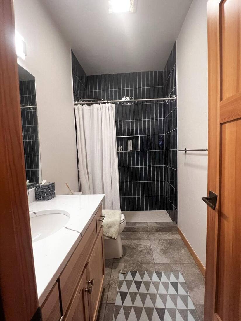 Guest bath blue subway tile